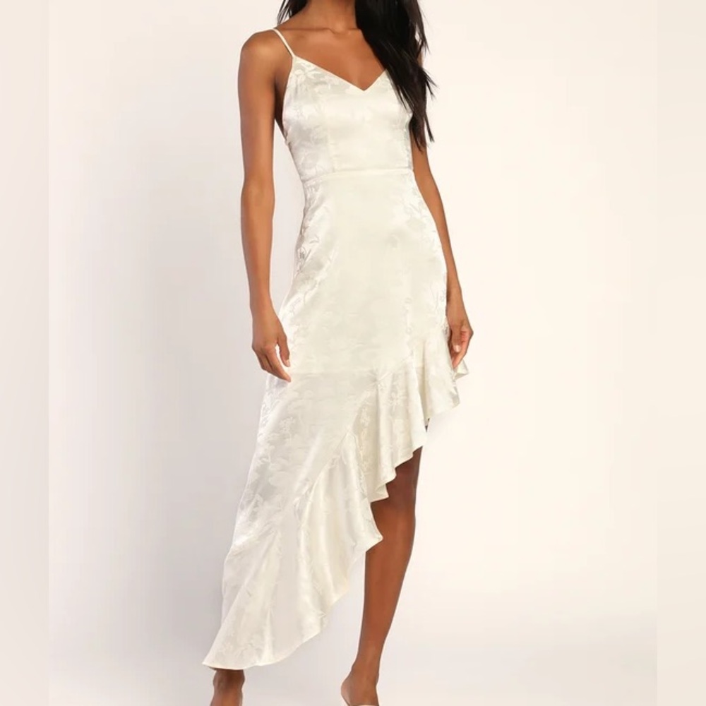 Lulus Ivory Satin Floral Jacquard Asymmetrical Midi Dress